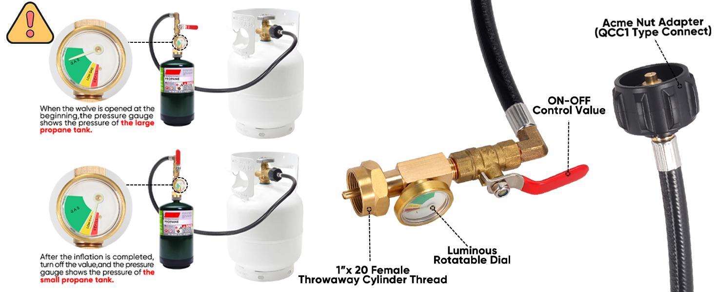 3FT Propane Refill Adapter Hose for 1 lb. Tanks - Refillable Propane Cylinder, Compatible with 1 lb. Propane Tank and 1 lb Throwaway Disposable Cylinder Propane Bottle Connector