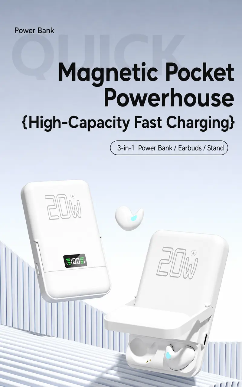 3-in-1 Magnetic Power Bank Wireless Headphones with Bluetooth Earbuds, 20W Fast Charging, LED Battery Display, Fold-Out Phone Stand, Noise Isolation Solutions, Portable Magnetic Phone Charging Pad, Compact Waterproof Audio Device for Travel, Daily Carry 3-in-1 Magnetic Power Bank Wireless Headphones with Bluetooth Earbuds, 20W Fast Charging, LED Battery Display, Fold-Out Phone Stand, Noise Isolation Solutions, Portable Magnetic Phone Charging Pad, Compact Waterproof Audio Device for Travel, Daily Carry