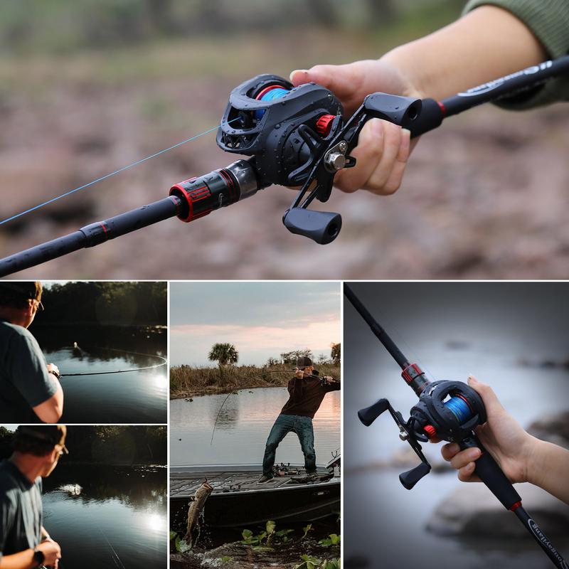 Sougayilang casting rod and reel combo set, featuring an IM6 carbon two-piece rod blank, stainless steel guides with ceramic inserts, ergonomic EVA handle and butt, available in split or one-piece rear handle designs, and six models to choose from.