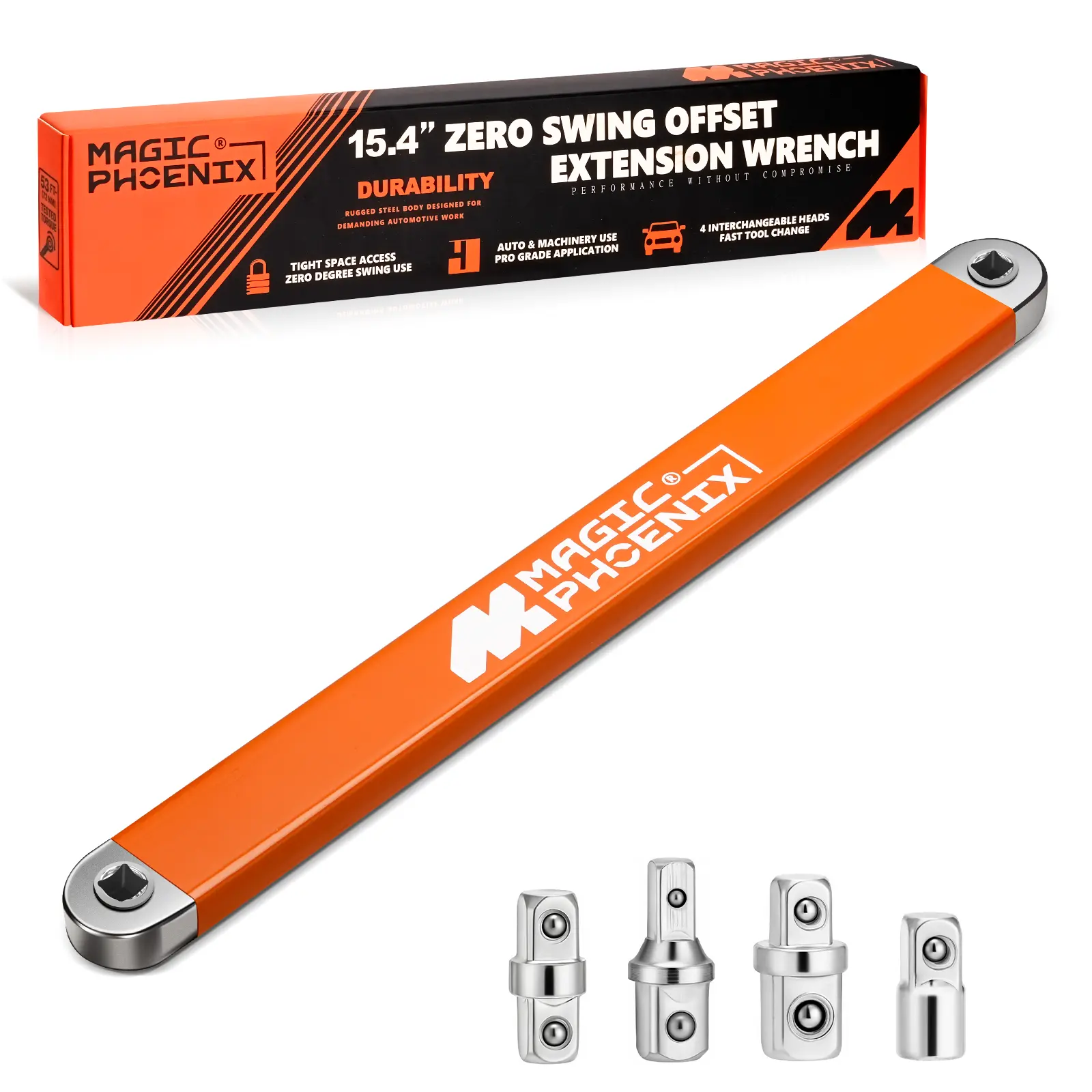 Heavy Duty Offset Extension Wrench Set - 1/2" 1/4" 3/8" Adapters, 60° Adjustable Swing Arm, Ergonomic Grip, Universal Mechanics Tools for Small Spaces & Car Repairs