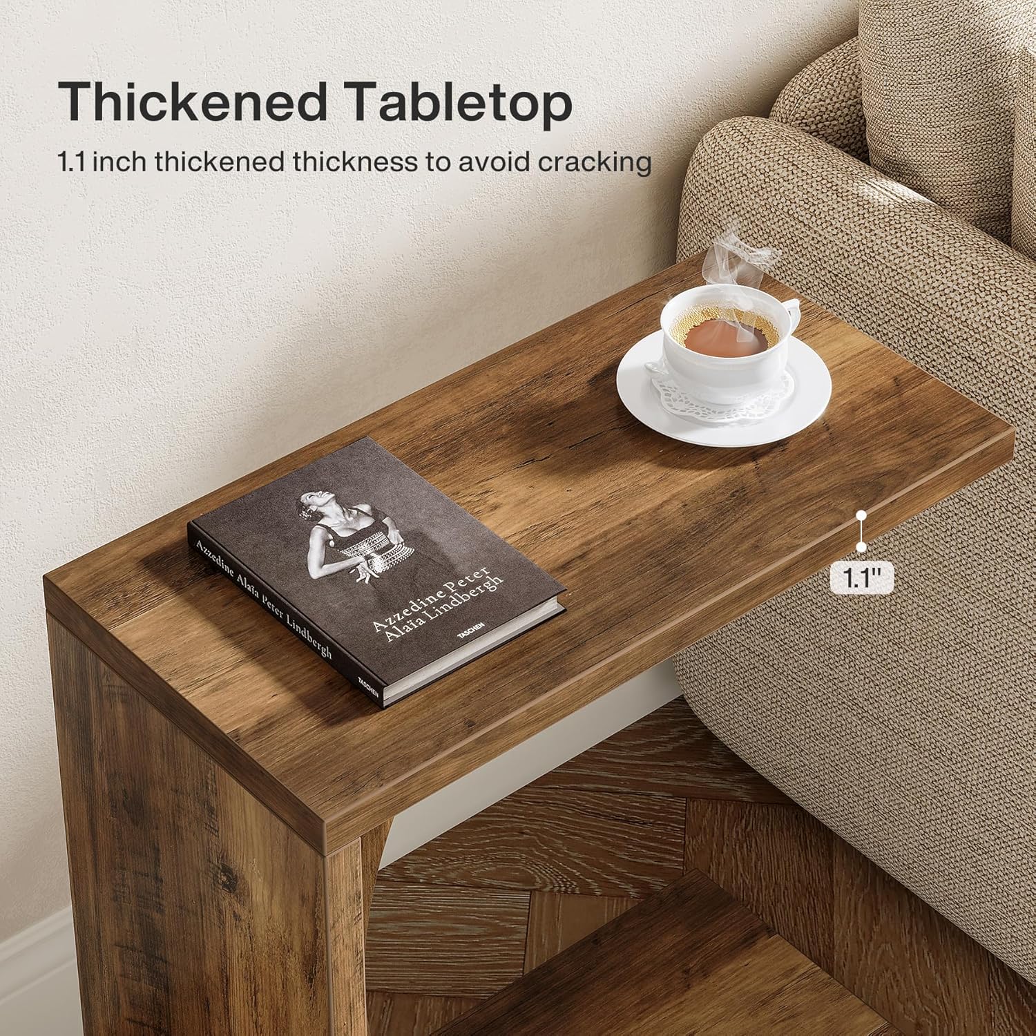 LITTLE TREE C-Shaped End Table, C Table for Sofa, Small Over Couch Tray, Side Table for Living Room, Bedroom, Rustic Brown (Only 1 PC)