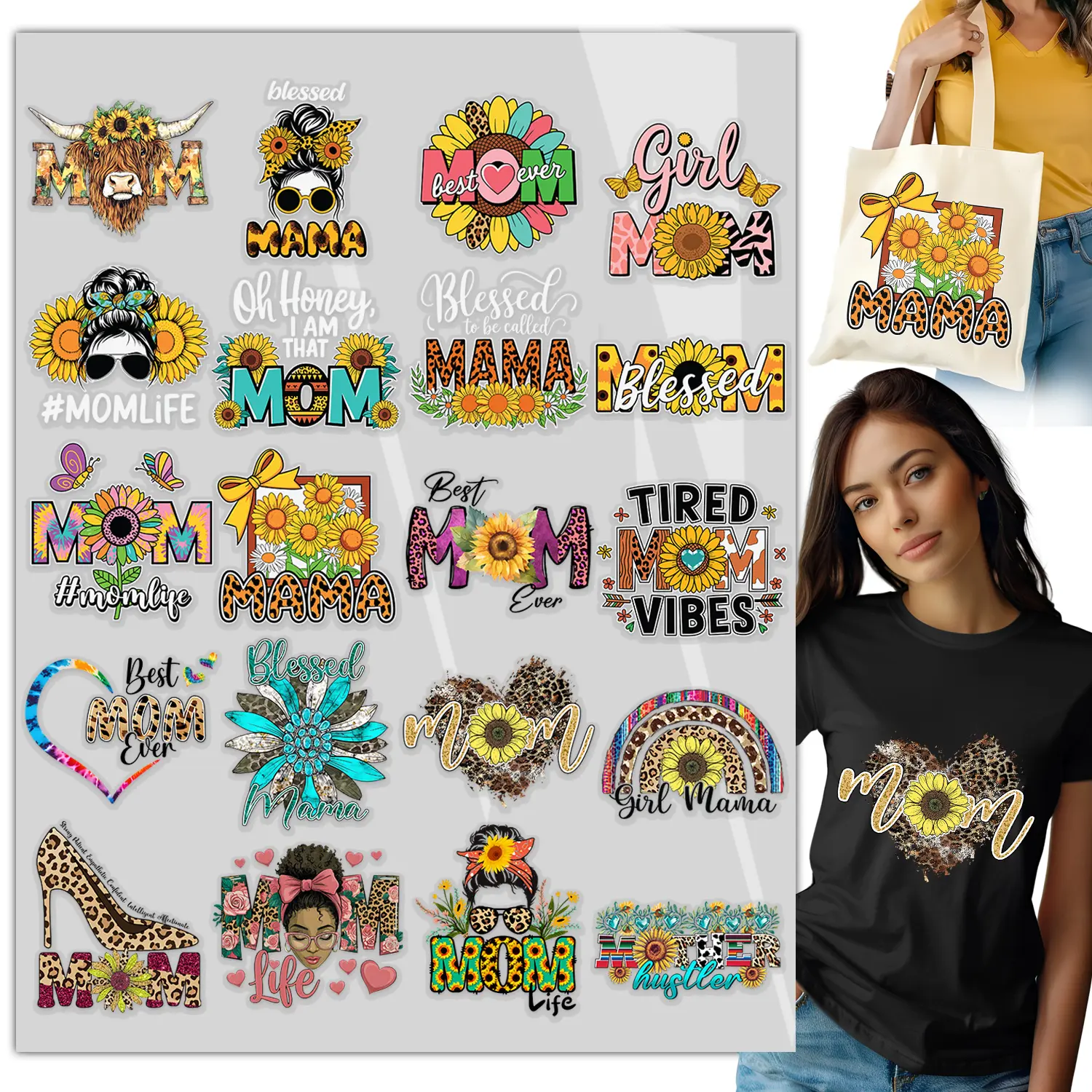 20pcs Mother’s Day DTF Heat Transfer Bundle –  Mom Mama Mommy Designs – Iron On Transfers for Shirts, Hoodies, Tote Bags