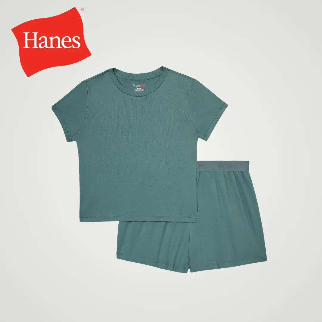 Hanes Originals Women's 2-Piece Lounge Set RIBBED SuperSoft Cropped Baby Doll Tee & Sleep Shorts Loungewear Comfort Pajama Womenswear
