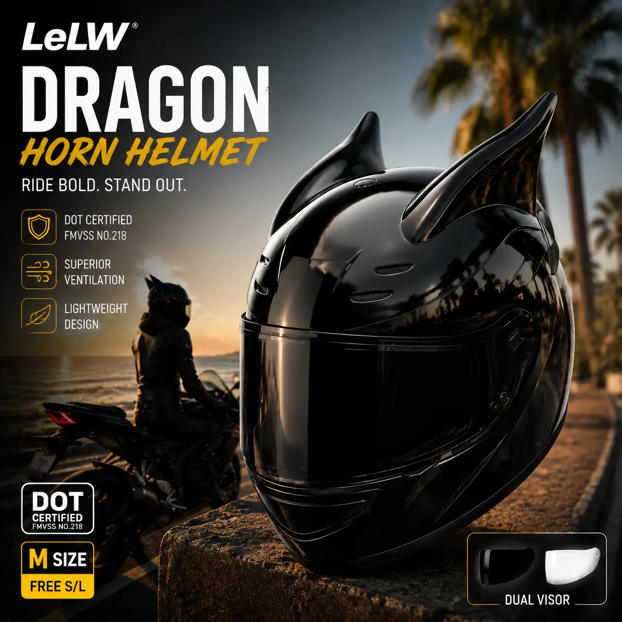 LeLW DOT Certified Lightweight Full-Face Motorcycle Helmet for Men & Women - Bluetooth Compatible, Aerodynamic, Breathable Vents, Removable Liner, Easy-Adjust Fit System, Dual Visor, City Streets Riding Gear, Acrylonitrile Butadienestyrene, S