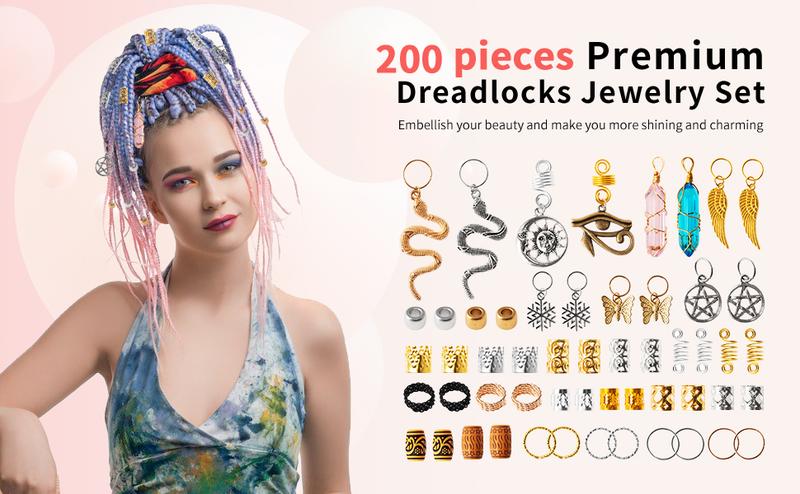 "200PCS Dreadlock Beads and Hair Jewelry Set – Gold & Silver Braiding Cuffs, Crystal Charms, Metal Coil Rings, Hair Clips & Loc Tubes for Braids, Twists, Dreads & Hair Decoration"