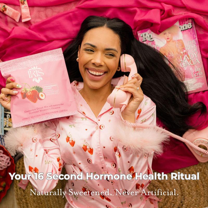 IRIS Strawberry Lychee Hormone Health Electrolyte Drink Mix 15 On-The-Go Sticks Variety Pack for PCOS Support Ovarian Function with 40:1 Myo D-Chiro Inositol Magnesium Prebiotic Fiber