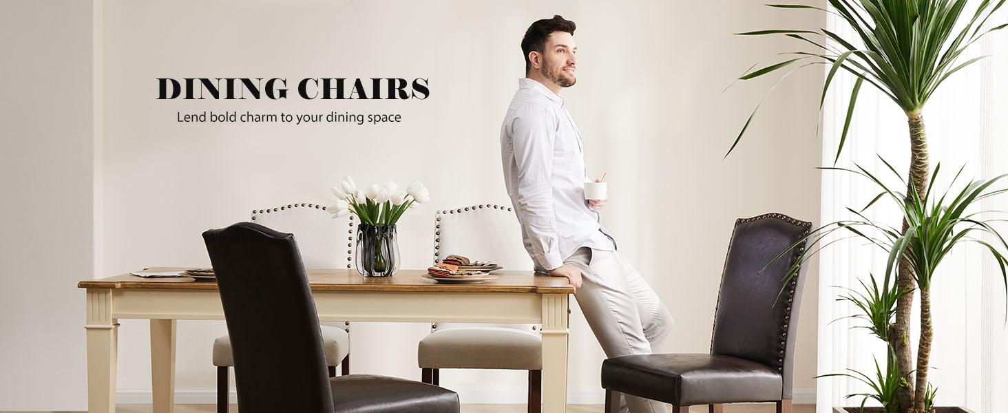 FurnishFlex Dining Chairs Set of 2, Kitchen Chairs, Modern Upholstered Fabric Dining Room Chair with Nailhead Trim and Wood Legs, Mid-Century Accent Dinner Chair for Living Room, Kitchen Fixed Arms