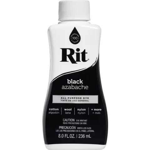 Rit Black 8 oz Liquid All-Purpose Dye - Tie-Dye Ready, Customize Fabric, Updating Projects, Compatible with Many Fabrics & Multiple Fibers, Washing Machine Safe, Even Coloring, Wool/Silk Friendly, Ideal for Home Crafts