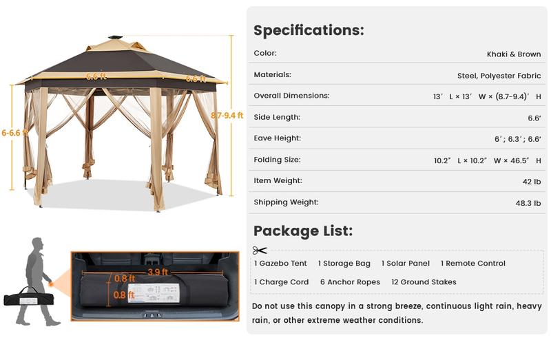 【Remote Control Light Gazebo】Yaheetech 13x13 Pop-up Gazebo Tent with Mesh Netting Sides, 25 Solar LED Lights, 3 Height Adjustable Features & Storage Bag
