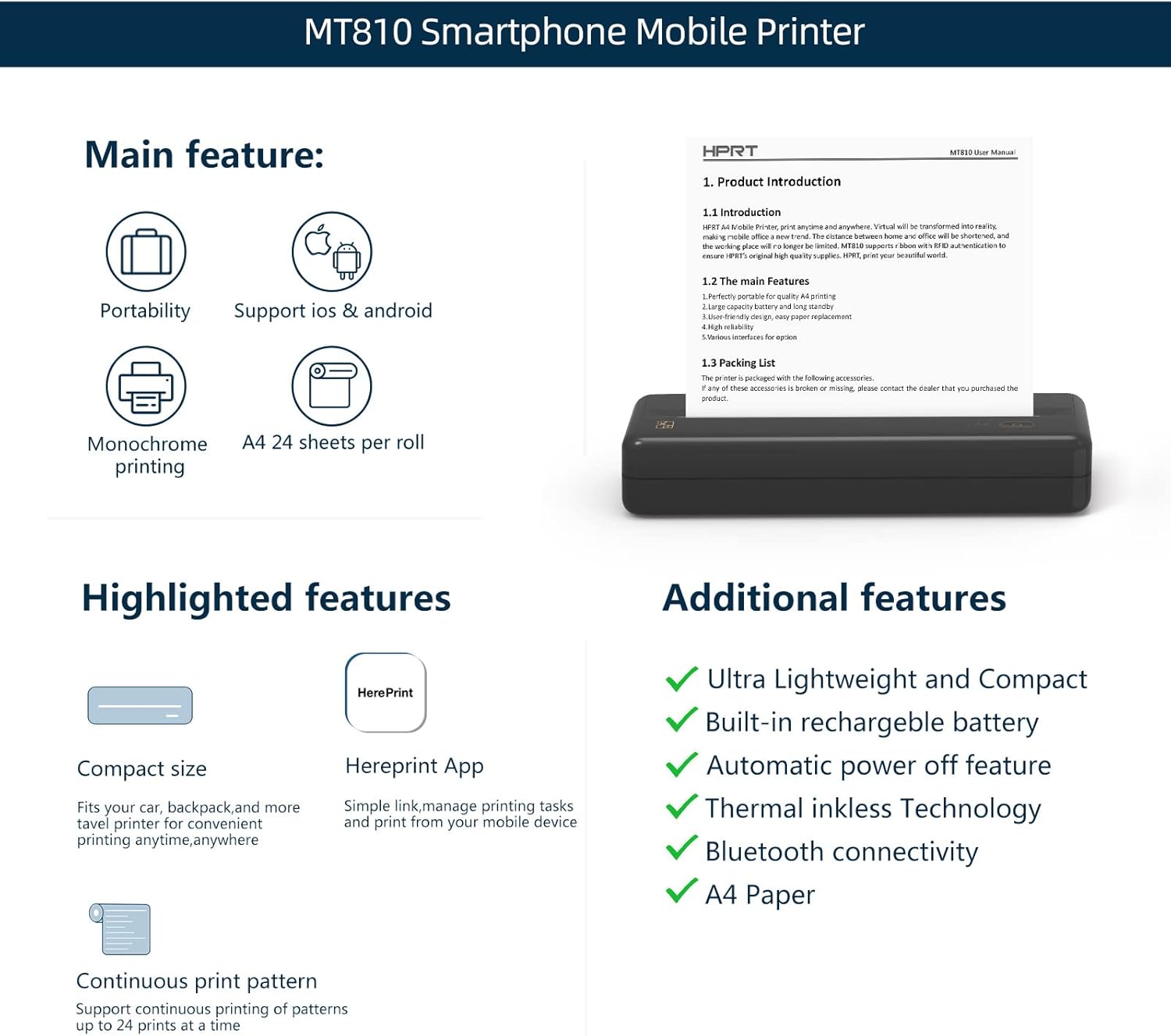 HPRT Wireless Portable Printer - Bluetooth Thermal Printer for Travel, Mobile Office, School, Home Compatible with iOS Android