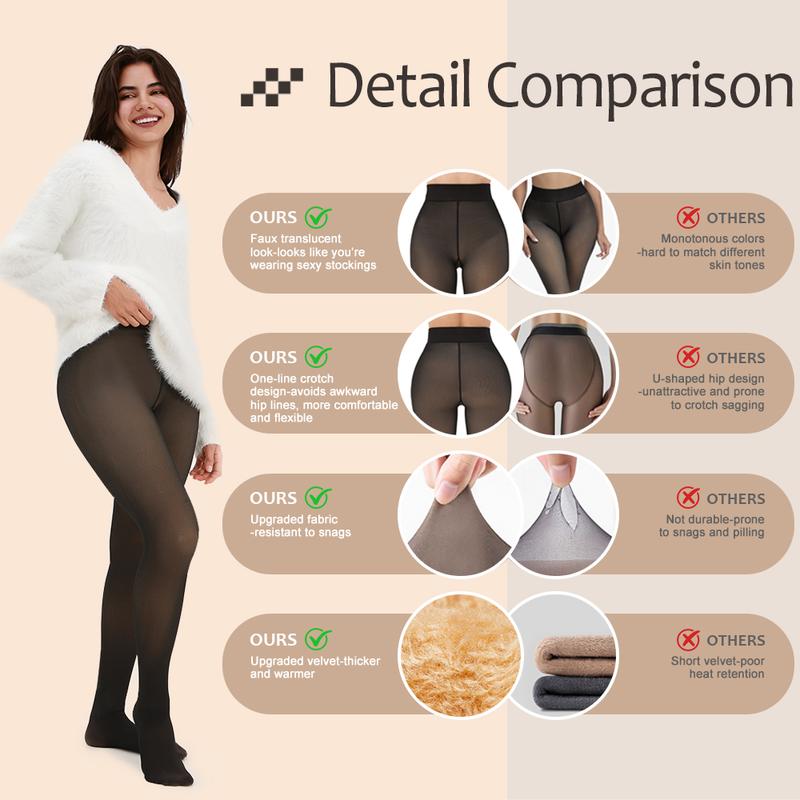 Tivira Fake Translucent Fleece Lined Tights - Original Sheer Nude Skin Effect Winter Thermal Leggings, High Waisted Slimming Tummy Control Pantyhose, 5 Available Colors, Size M L XL 2XL, Indestructible Quality $100 Guarantee, One Seam Design, Warm Tights