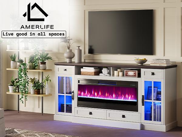 【Ships in 2 Boxes】AMERLIFE 70“ Fireplace TV Stand for 80 Inch TV,Farmhouse TV Stand with 42" Fireplace & LED Lights,Entertainment Center with Storage,Best Gift Ideas/Christmas Gifts