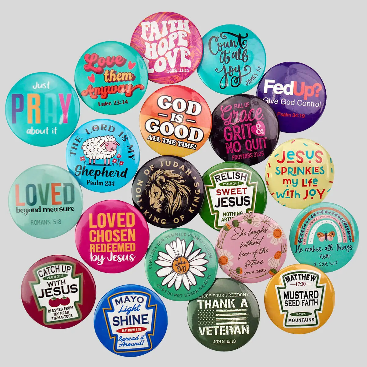 Kerusso 1.5-in Metal Collar Clips & Brooches Pins Set - 20-Pc Unisex 2025 Assorted Slogan Glossy Laminated Inspirational Turnaround Pin Back, Printed Paper Text-Based Art, Faithful Kid Gifts, T-Shirt Designs, Fed Up/Grace & Grit Themes, School Use