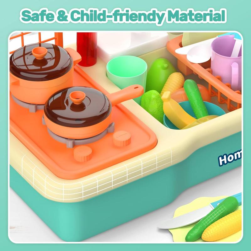 CUTE STONE Play Sink with Running Water, Kitchen Sink with Upgraded Electric Faucet, Play Kitchen , Realistic play set learning cookingset Plastic Toy
