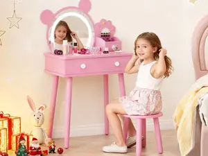 Garvee Children's Changing Table with Lights, Cute Bear-Shaped Makeup Desk with Mirror and Storage Drawers, Wooden Princess Makeup Table Set