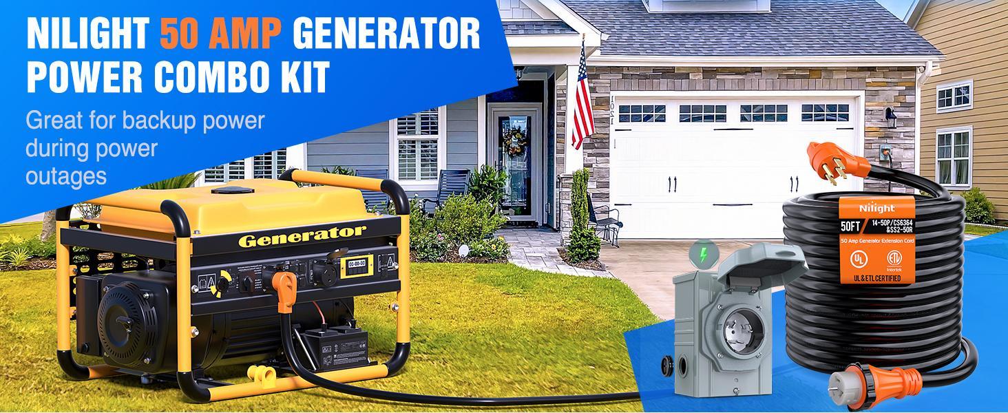 Nilight 50A 50FT Generator Extension Cord and Power Inlet Box 125/250V Heavy Duty 6/3+8/1 Gauge STW ETL Listed NEMA 14-50P/SS2-50R Twist Lock Connector for RV Outdoor Use