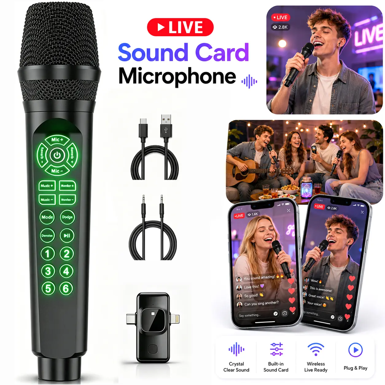 Compact Portable 2-in-1 Handheld Microphone & Live Sound Card - Bluetooth, Voice Changer, Noise Reduction, DJ Audio Mixer with Plug, Adapter, Cable - Compatible with Smartphone (Android/iOS/iPhone), PC, Xbox for Live Streaming, Singing, Recording, Lightni