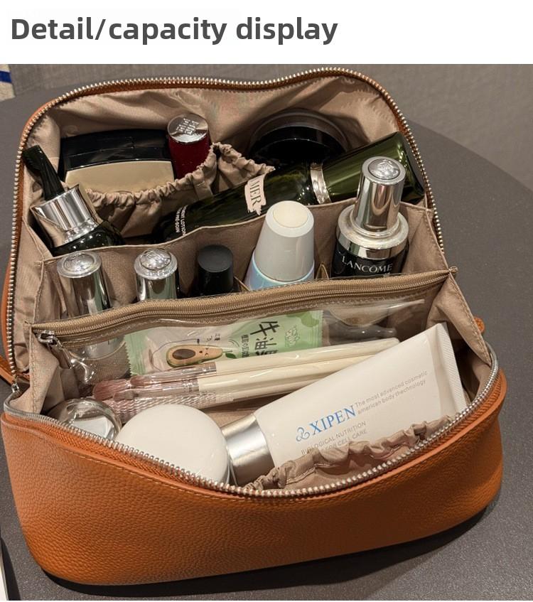 Minimalist High-End Feel First Layer Cowhide Texture Makeup Bag Genuine Leather Travel Portable Toiletry Bag Large Capacity Storage Bag