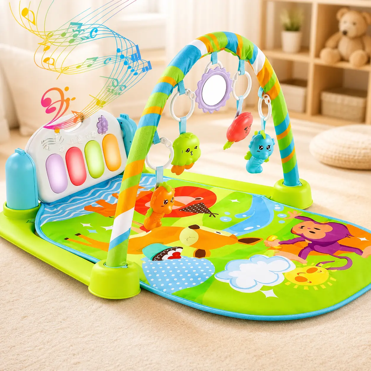 Baby Play Gym Activity Mat for Infants, Musical Piano Play Mat with Hanging Rattle Toys, Tummy Time Mat & Sit and Play Baby Activity Gym for Newborn Boys Girls