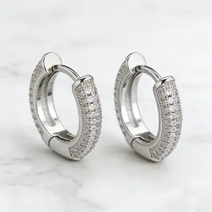 Iced Out Hoop Earrings, Silver Plated Huggie Hoops with 5A+ Cubic Zirconia, Hypoallergenic Jewelry for Men and Women, Hoop Earrings Jewelry