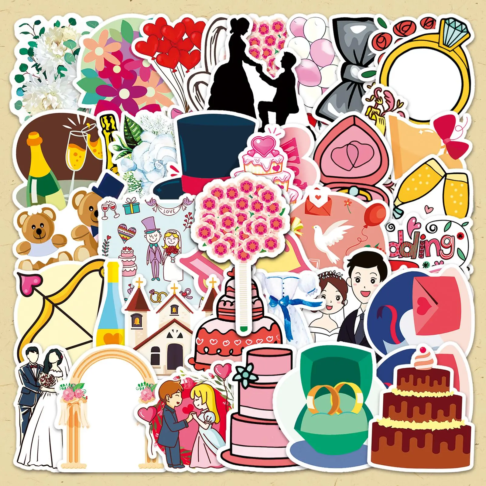 Wedding Themed Sticker, 50pcs/set Creative Wedding Atmosphere Decorative Sticker, DIY Decals for Scrapbooking, Journaling, Gift Wrapping, Sticker Paper, Adhesive Vinyl Decal