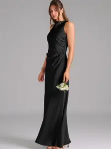 Azazie Evadne Sheath Scoop-Neck Open-Back Pleated Evening Wedding Guest Stretch Satin Dress