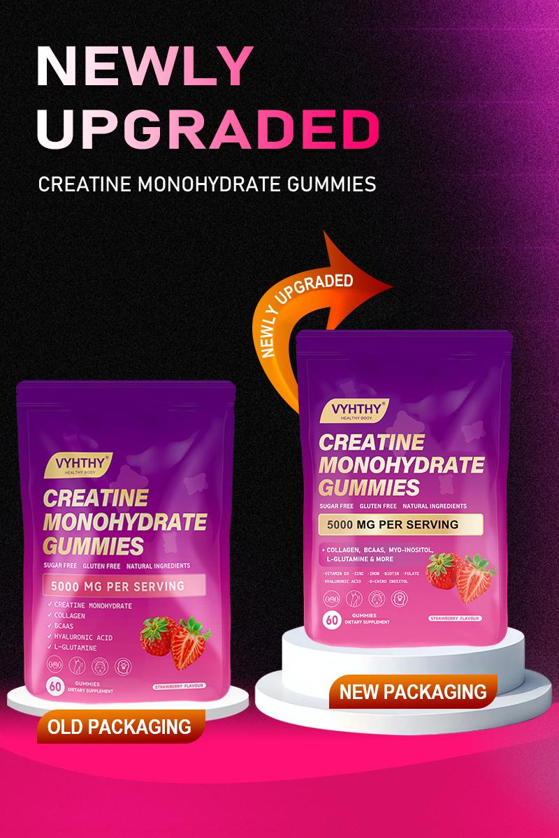 VYHTHY Creatine Monohydrate Gummies – With Collagen, BCAAs, L-Glutamine, Biotin, Zinc, Vitamin D3 & Hyaluronic Acid – Daily Pre & Post Workout Recovery, Sugar-Free