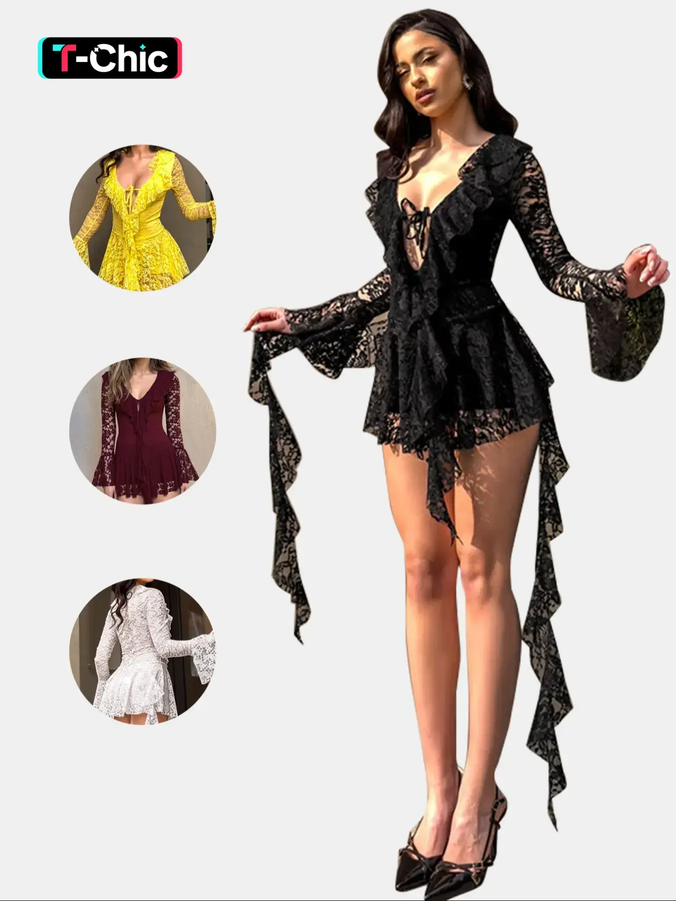 Women's Fashion Y2K Lace Bow Tie Flounce Sleeve Solid Dress, Trendy Comfortable Fitted Long Sleeve, Stylish Ladies' Clothing Womenswear