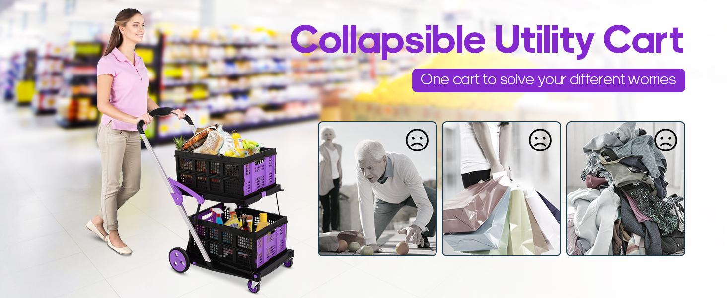 Utility Cart,2 baskets included,Folding Shopping Cart,Multi-Functional Collapsible Cart,Grocery Cart on Wheels Foldable with Storage Crate,camping cart Carrying Transport Multi-Purpose large capacity utility wagon personal,BlackFriday