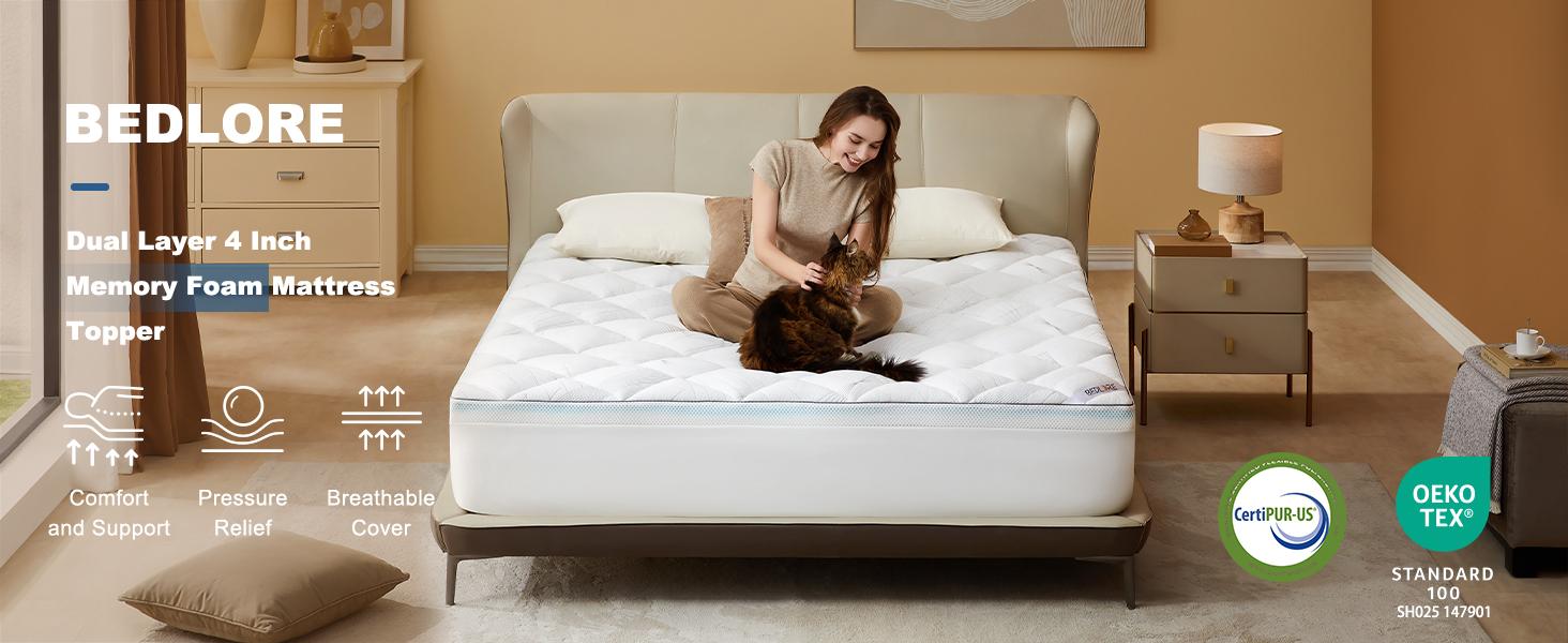 SpringGlowUp【BEDLORE】4-Inch Memory Foam Mattress Topper for Back Pain Relief: Dual-Layer Medium Support With 2" Gel Cooling Foam + 2" Fluffy Pillow Top, Breathable Pressure-Relieving Fitted Pad, Machine Washable Cover Perfect for Guest Bed