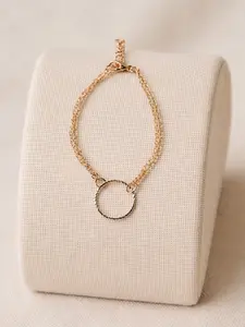 Minimal Gold Circle Bracelet - Elegant Double Chain with Textured Circle Charm - Adjustable Clasp - Lightweight Minimalist Design for Daily Wear