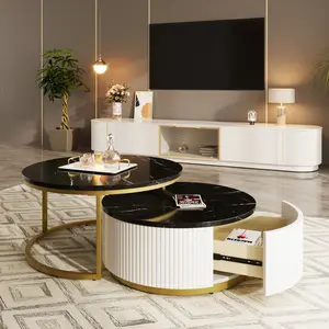Modern Round Nesting Coffee Table Fluted with Drawer in White & Gold in 31.5''
