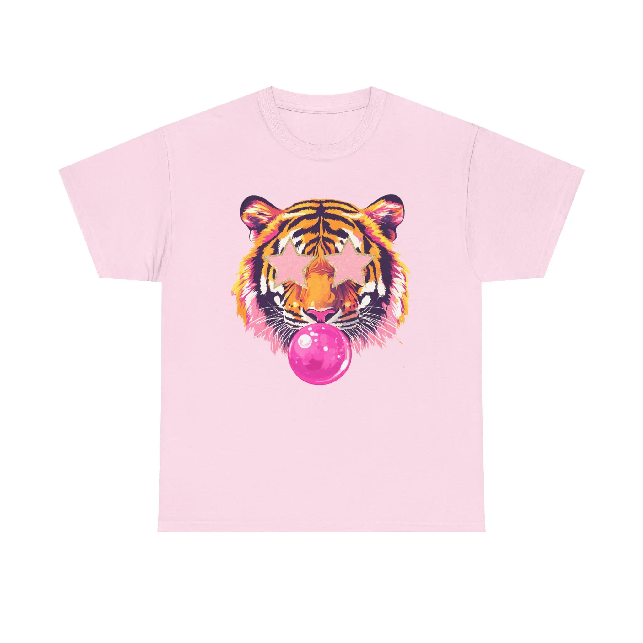 Men's 100% Cotton Ash Knit Short-Sleeve Tee - Oeko-Tex Cert., Vivid Dual Graphic Tiger Bubblegum Print, Ribbed Collar, Relaxed Fit, Classic Colorful Streetwear for Festivals, All Seasons Casual Menswear Top