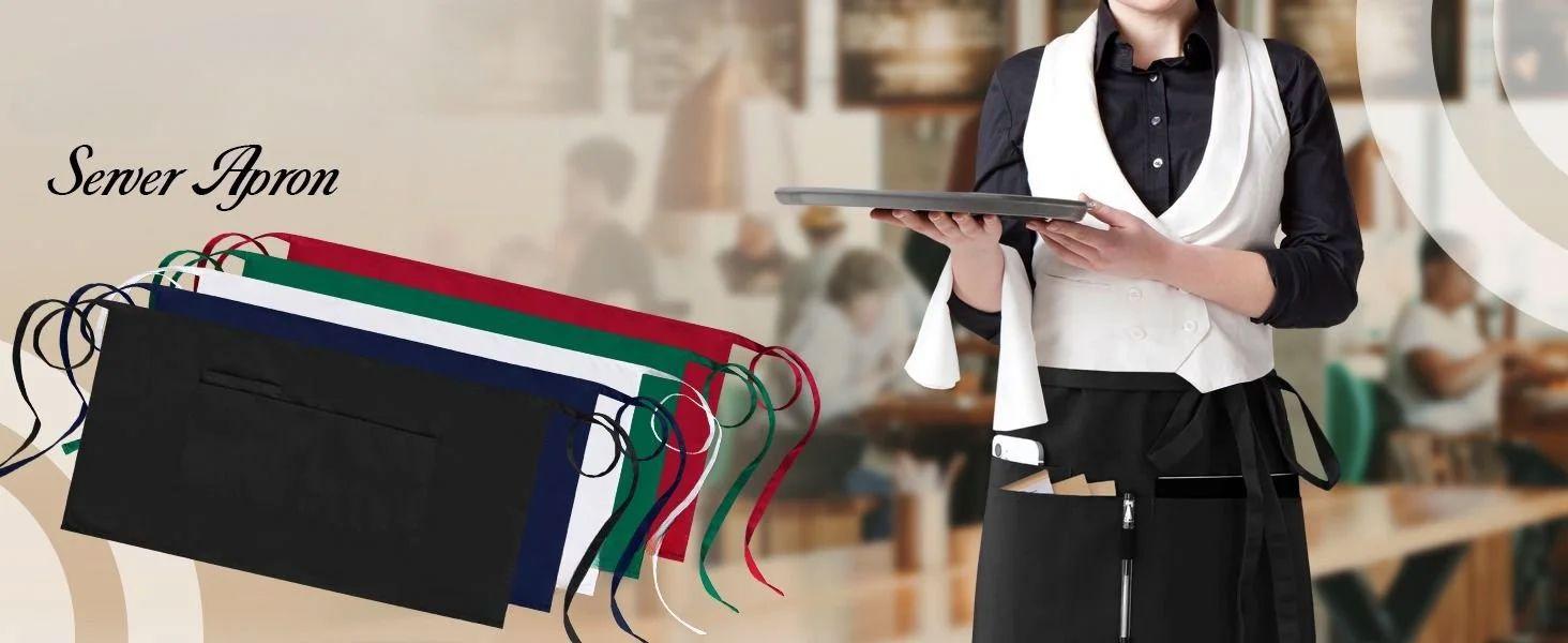 Apron Black with 3 Pockets 20 Inch Long Waitress Bistro Half Waist Aprons for Women Men Waterproof