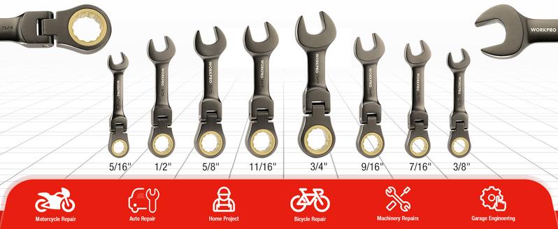 #JumpstartSale WORKPRO 8-Pack Flex Head Stubby Ratcheting Combination Wrench Set, 72-Teeth, CRV, Nickel Plating with Rolling Pouch