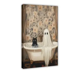 Ghost & Cat in Bathtub Print Halloween PRINTABLE Wall Art, Halloween Bathroom Decor, Spooky Bubblebath Art