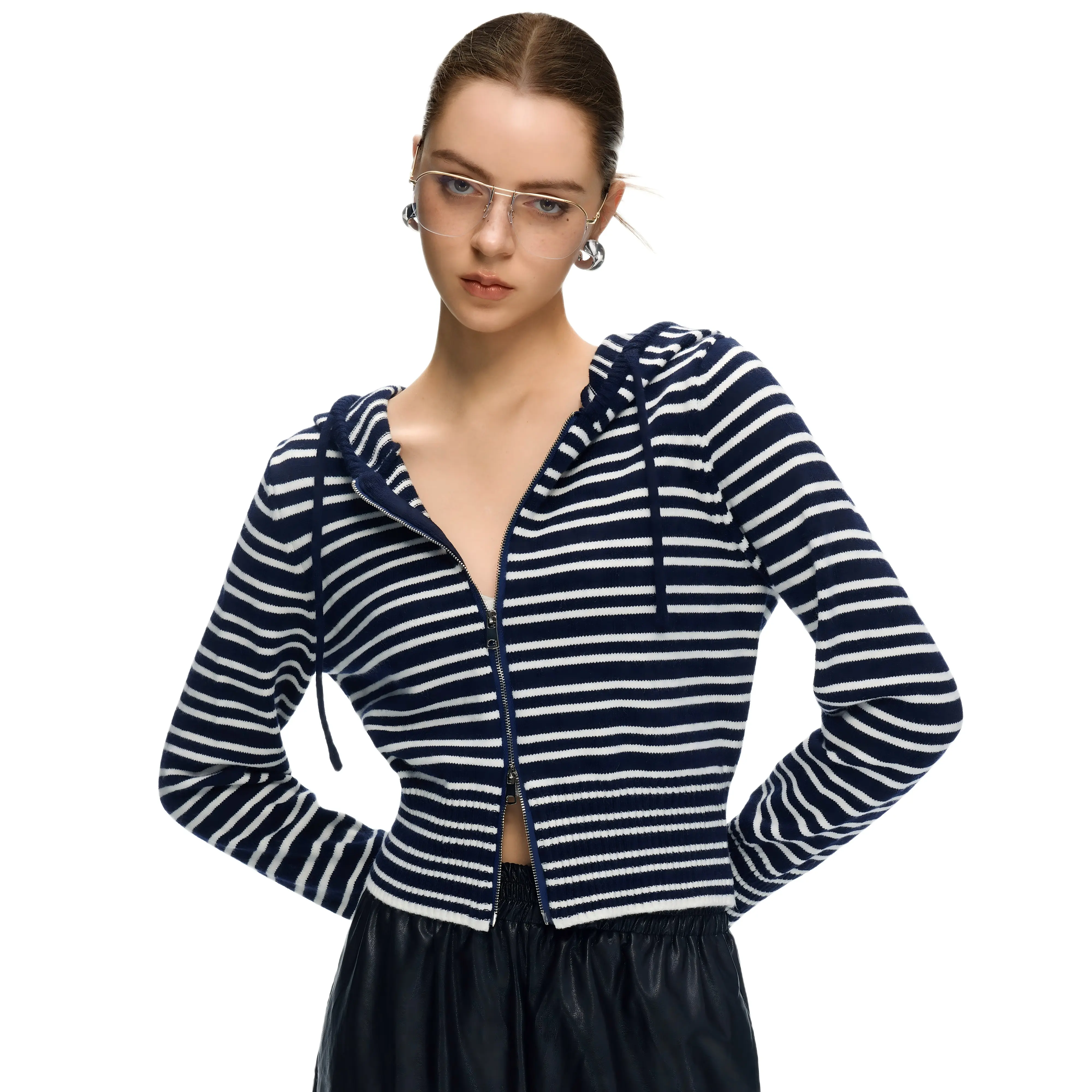 JCCC SHADOW Women's Cropped Striped Hooded Sweater Cardigan, Fitted Long Sleeve Double-Zip Knit Jacket