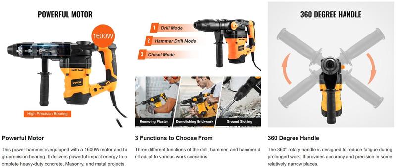 VEVOR Rotary Hammer Drill Corded Drills 1-9/16" 3 Modes SDS-MAX Chipping Hammers