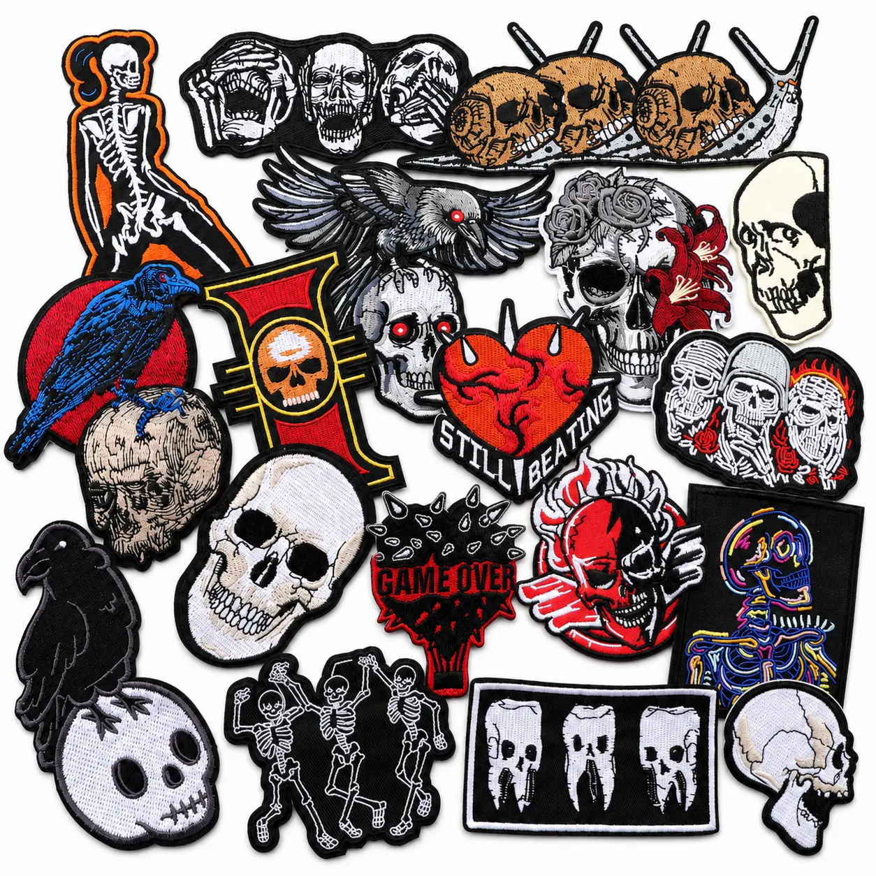 18PCS Gothic Embroidered Iron-On & Sew-On Patches, Dark Skull Raven Horror Designs, Spooky DIY Fabric Appliques for Jackets, Jeans, Backpacks, Hats & Clothing Decoration Accessories