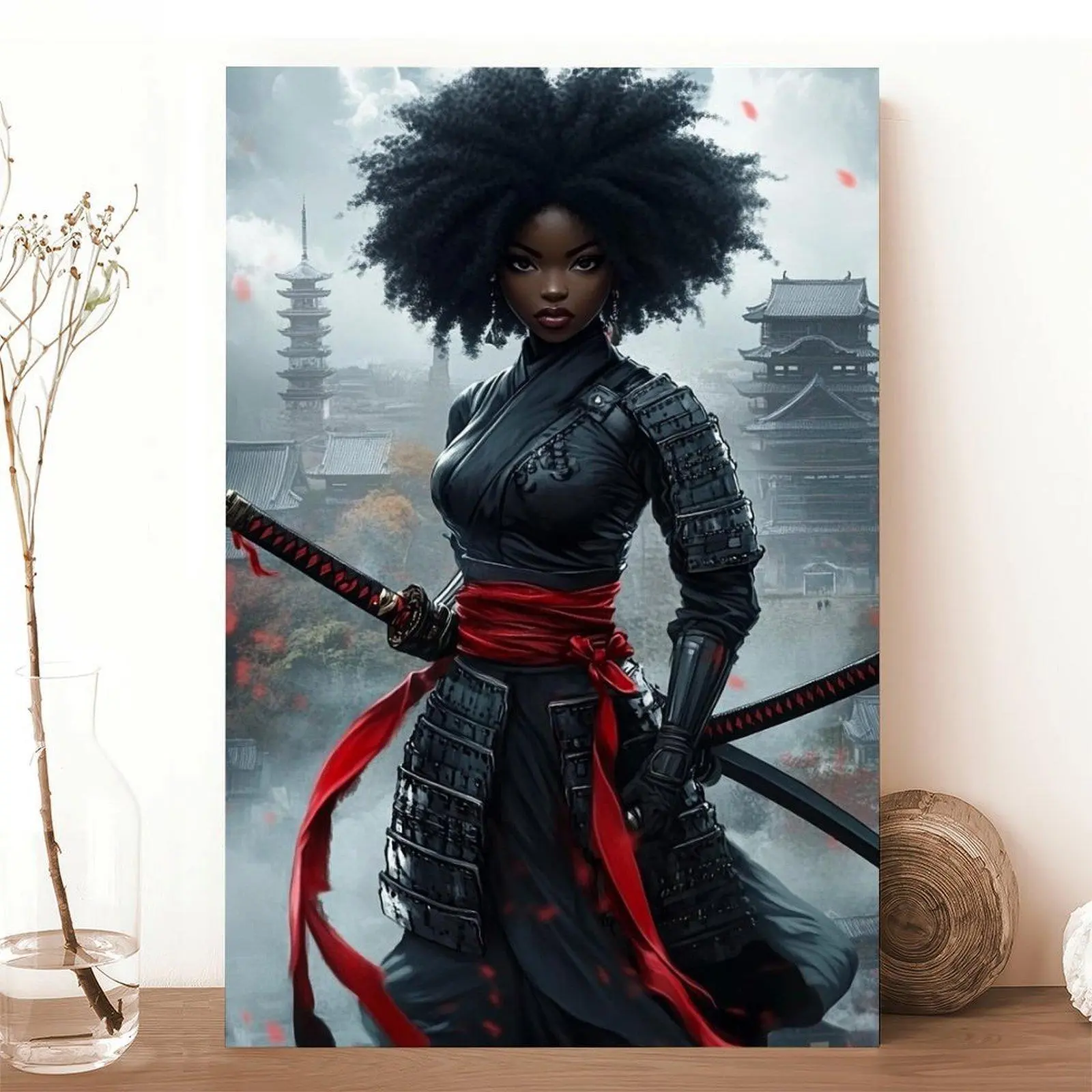 1pc Japanese Samurai Woman with Afro - Modern African Diaspora Wall Decor - Black & Red Accent Canvas Art Print - Ready-to-Hang Vertical Poster for Living Room, Office, Dorm - Cultural Home Decoration - Perfect Birthday, Mother's Day, Housewarming