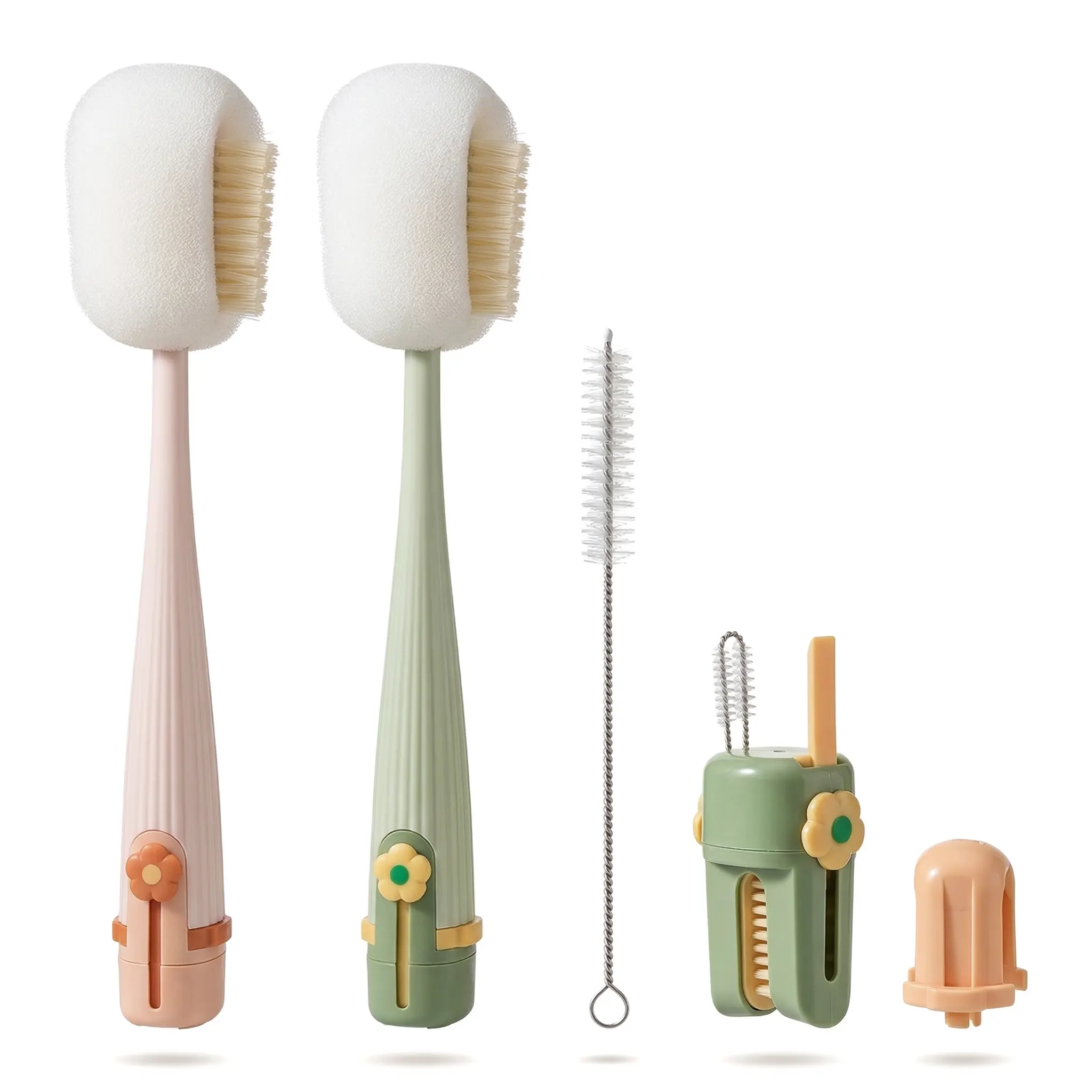 5-in-1 Multifunctional Bottle & Straw Cleaning Brush, Flexible Silicone Bristles Compact Cleaning Tool for Bottles, Cups, Straws, Cream White & Jasmine Green