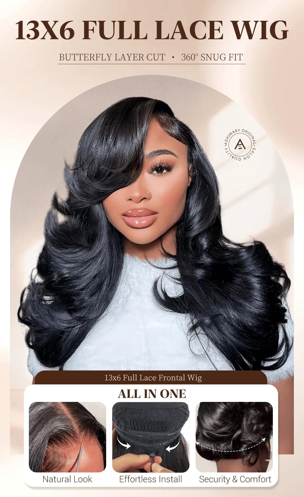 [Salon-Quality] Trendy Butterfly Cut Face- Framing Peacock Curls Pull Go 13x6 Full Glueless Lace Front Wig Pre-Styled Heavy Layers Cut Body Wave Natural hairline Human Hair 250% Density Wave Wig