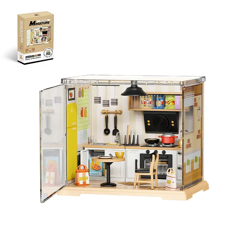 Acrylic DIY Miniature Kitchen Dollhouse Kit with LED Lights - BPA-Free Unisex Dollhouse Dream Hobby Kit for Beginners, 6-8 Years Old, Realistic Tiny Set with Detailed Appliances & Furniture, Requires Batteries, Home Decor for Crafting Unwinding, Hobbies K