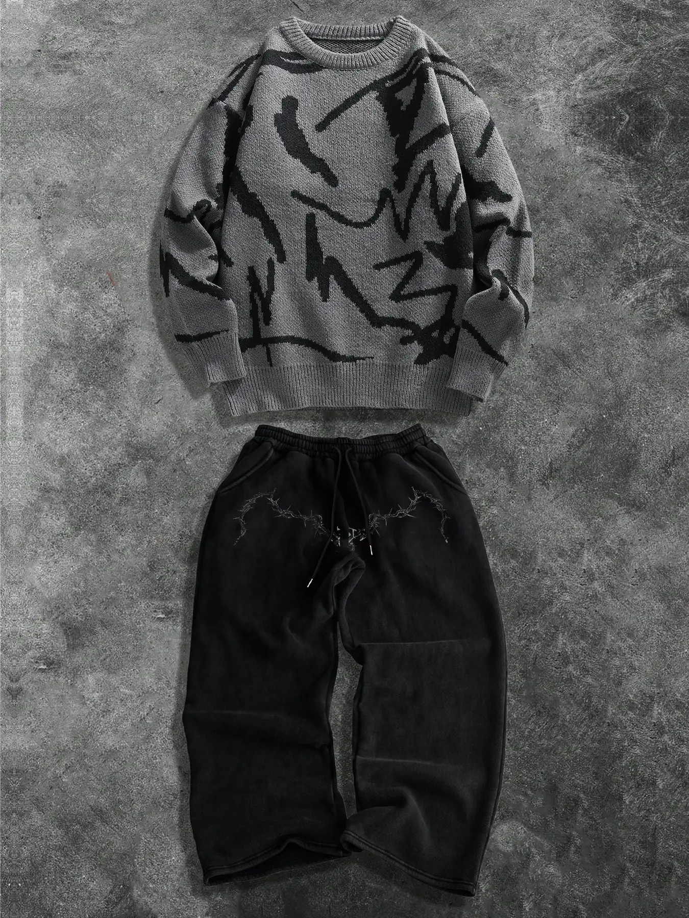 Street Casual Set Outfit Unisex Knit Sweater Long Sleeve Top & Printed Pants Two-Piece, Fall Winter Loose Fit Fashion Clothes