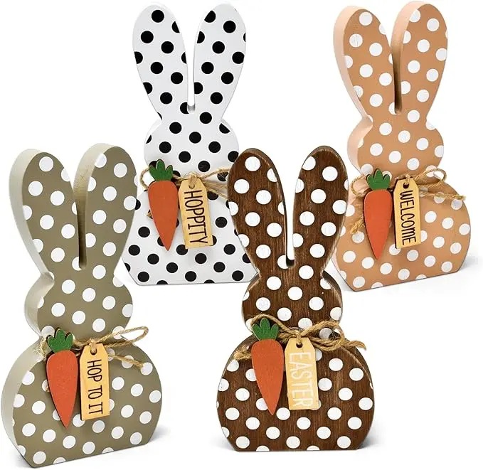 Gift Boutique Easter Bunny Table Decorations Centerpiece - Rustic Wooden Spring Shaped Bunnies for Office Dining Room Party Supplies