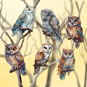 Designocracy 8090004C-S6 2 x 2 x 0.25 in. Night Owls Decorative Wooden Clip-on Ornaments Christmas Decor, Set of 6