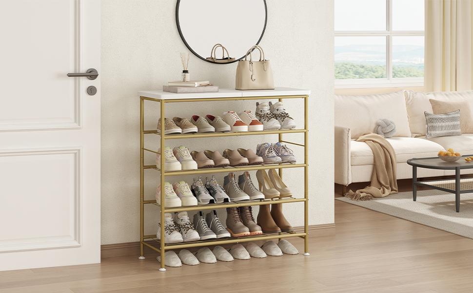 LINZINAR 4 Tier 5 Tier 6 Tier Metal Shoe Rack Organizer with MDF Top Board for Entryway Hallway and Closet Storage Modern Home Deals For You Days