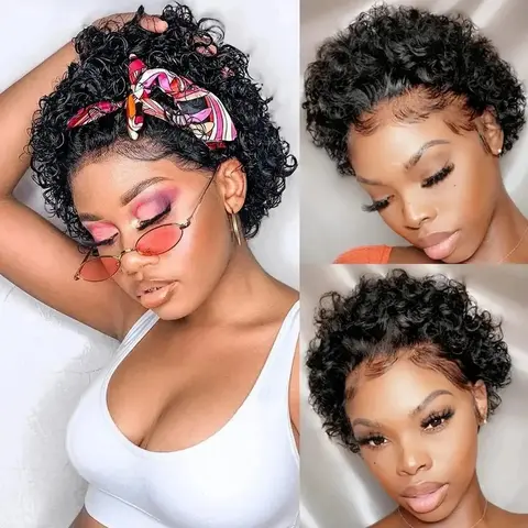 Pixie Cut Wig Human Hair 13x1 Lace Frontal Wigs Short Bob Human Hair Wig For Women Spring Curl Natural Black Color Curly Bob Wig True Scalp Wig Lace Wear Wigs