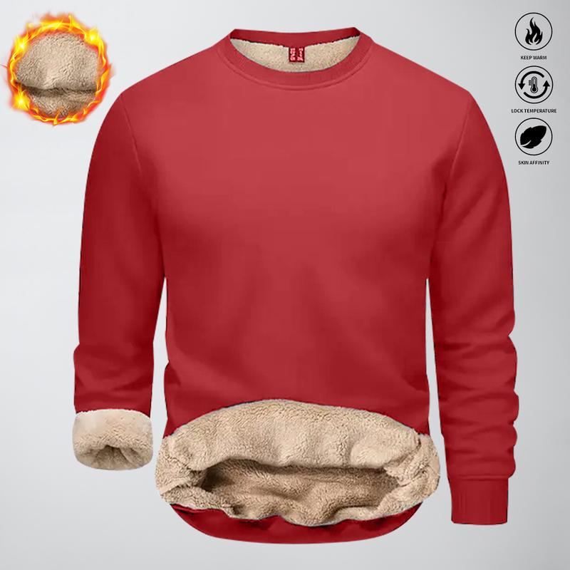 Men’s Solid Color Sherpa Sweatshirt - Minimalist Fleece Lined Crewneck Pullover - Warm Versatile Basic Top - Stylish Relaxed Fit for Outdoor and Daily Wear