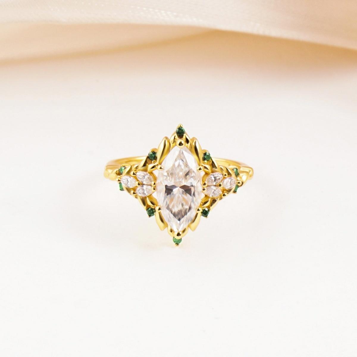 Delzzad 14K Gold-Plated 2.2ct Vintage Marquise Cut Leaf Cluster Engagement Ring Band VVS Synthetic Moissanite Ring Jewelry S925 Dainty Ring Band Flower Wedding Ring Perfect Birthday Engagement Wedding Anniversary Christmas Gift